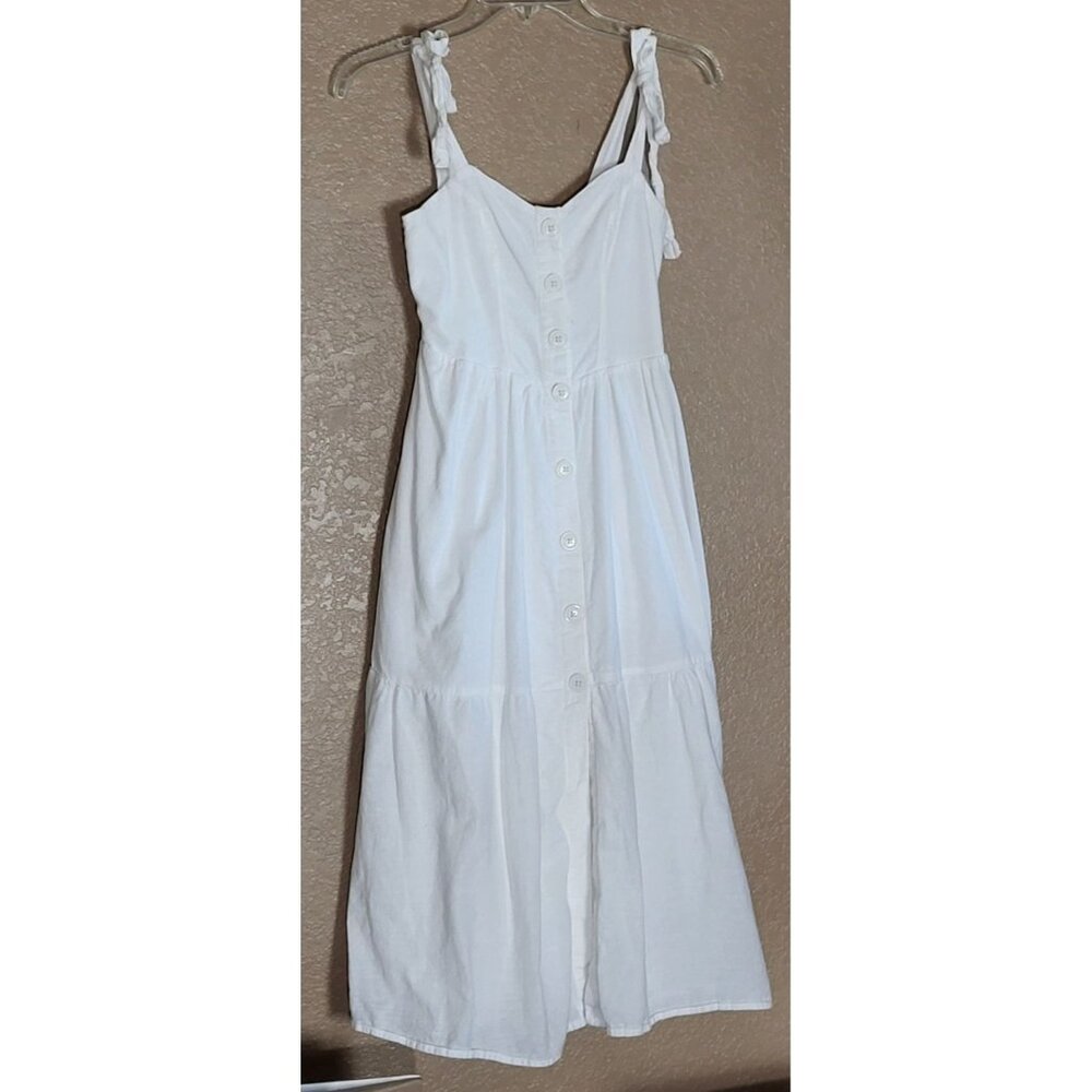 Urban Outfitters White Button-Front Tiered Midi Dress Adjustable Tie Straps XS - Picture 2 of 13